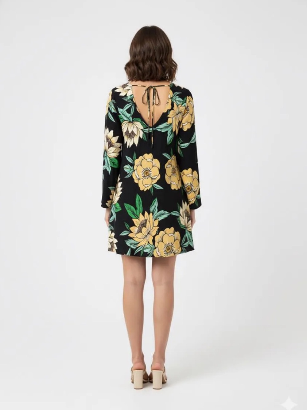FARM Rio Long Bell Sleeve Mini Dress with Low Tie Back in Tropical Floral Print - Picture 2 of 14